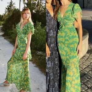 DE LA VALI Palmera Floral Print Chiffon Maxi Dress Green Sz 12
